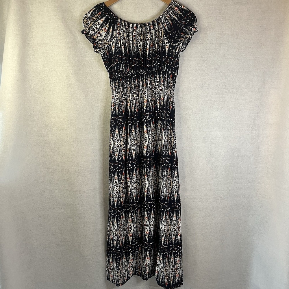 Anel Women's Dress White Black Red Tan Midi Sz M Summer Coastal Bohemian Beach